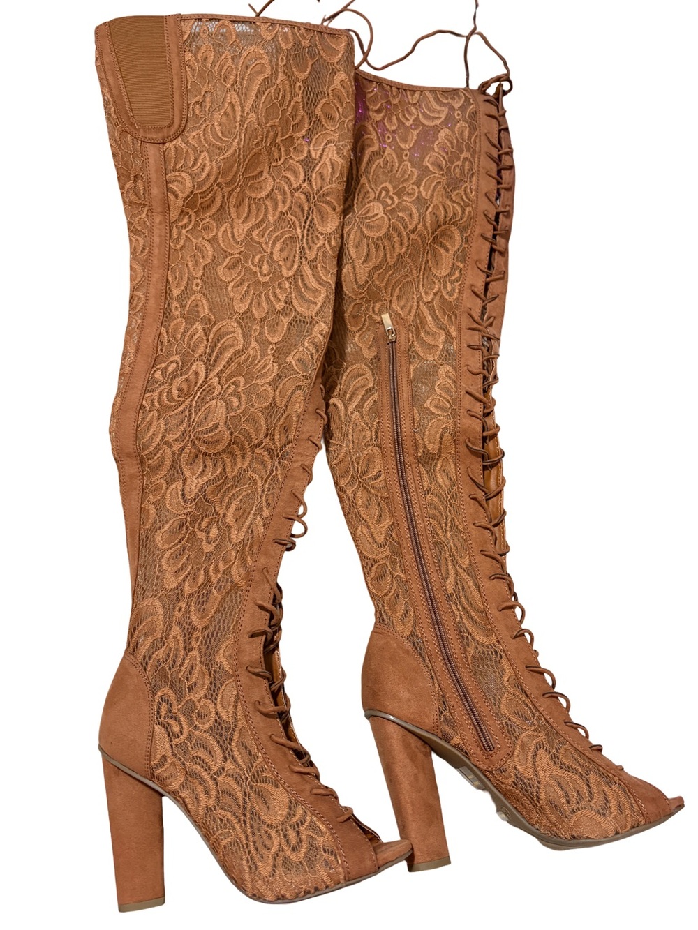 Bamboo Brown Lace Over The Knee Peep Toe Lace-Up Boots NWOT Size 8 - Picture 2 of 8